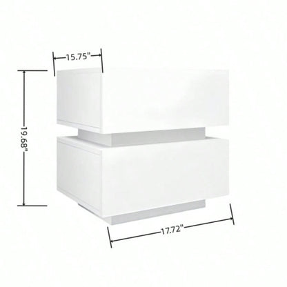 White Color High Glossy 2 Drawers Bedside Table with RGB Led Light Nightstand with Control