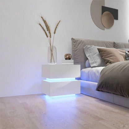 White Color High Glossy 2 Drawers Bedside Table with RGB Led Light Nightstand with Control