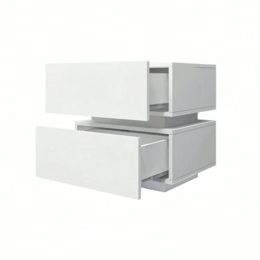 White Color High Glossy 2 Drawers Bedside Table with RGB Led Light Nightstand with Control