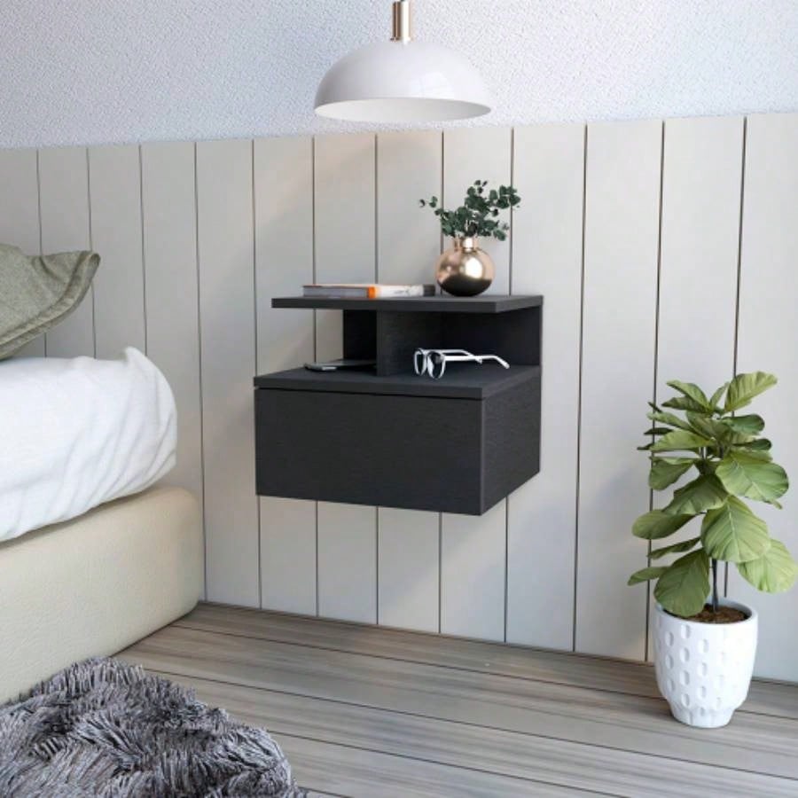 Floating Nightstand Flopini, One Drawer, Black Wengue
