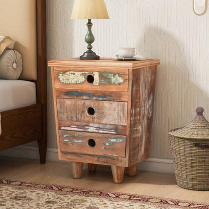 End Table Wood Nightstand, Side Table with 3 Drawers, Vintage Natural Bedside Table Bedroom Living Room