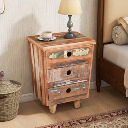 End Table Wood Nightstand, Side Table with 3 Drawers, Vintage Natural Bedside Table Bedroom Living Room