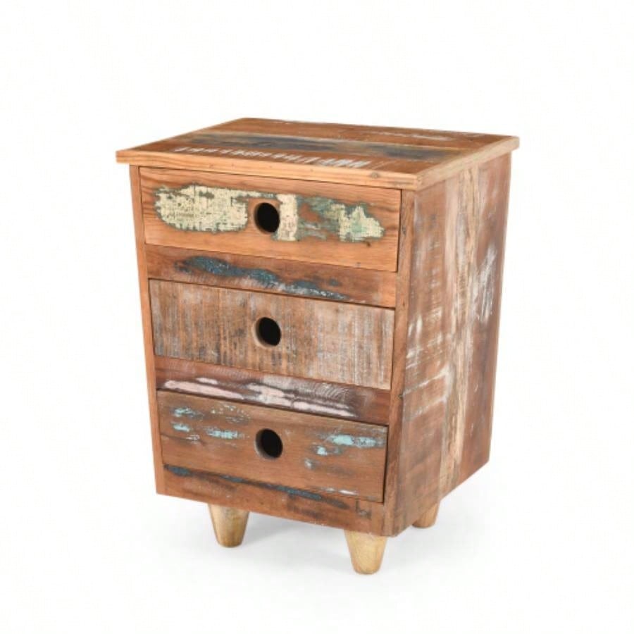 End Table Wood Nightstand, Side Table with 3 Drawers, Vintage Natural Bedside Table Bedroom Living Room