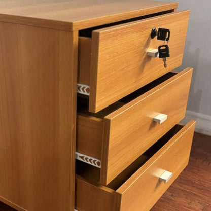 Three drawer nightstand locking top drawer metal drawer glides metal bar handles light cherry color