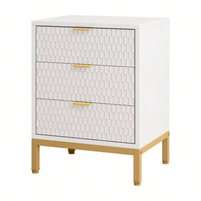 19. Inches Modern White and Gold 3 - Drawer Nightstand, 25.8 Tall Bedside Table with Storage, Hexagon Pattern Side Table Bedroom or Living Room, Elegant End Table with Metal Base