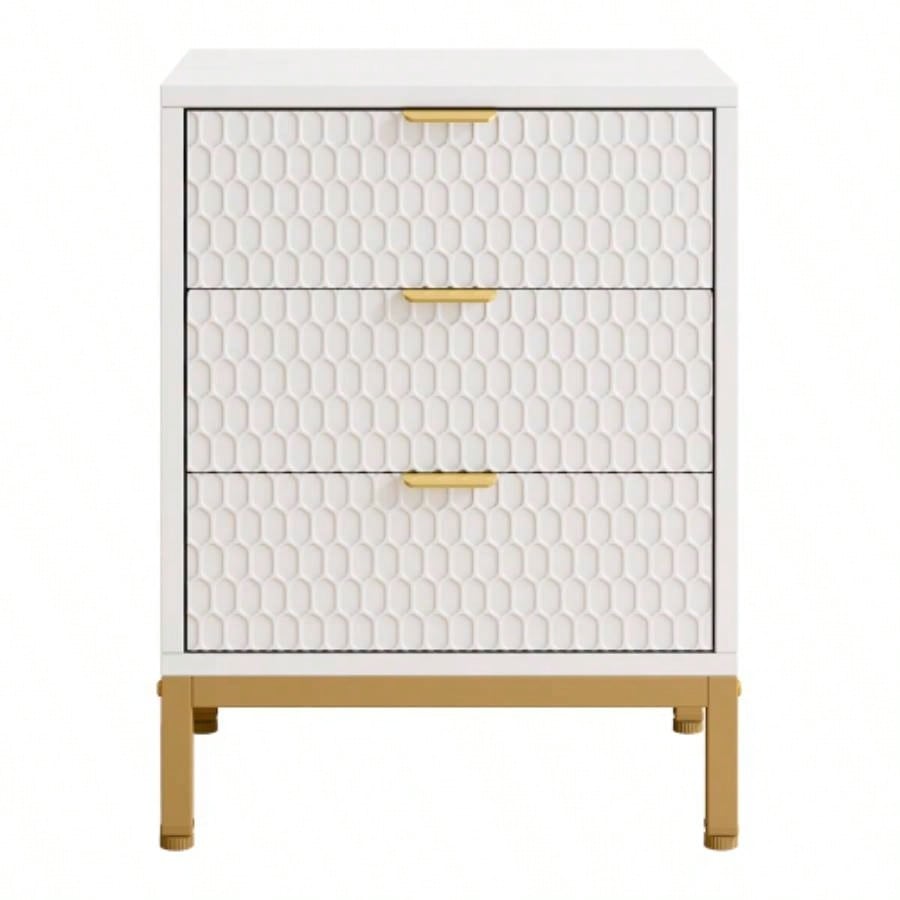 19. Inches Modern White and Gold 3 - Drawer Nightstand, 25.8 Tall Bedside Table with Storage, Hexagon Pattern Side Table Bedroom or Living Room, Elegant End Table with Metal Base