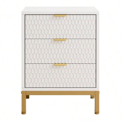19. Inches Modern White and Gold 3 - Drawer Nightstand, 25.8 Tall Bedside Table with Storage, Hexagon Pattern Side Table Bedroom or Living Room, Elegant End Table with Metal Base