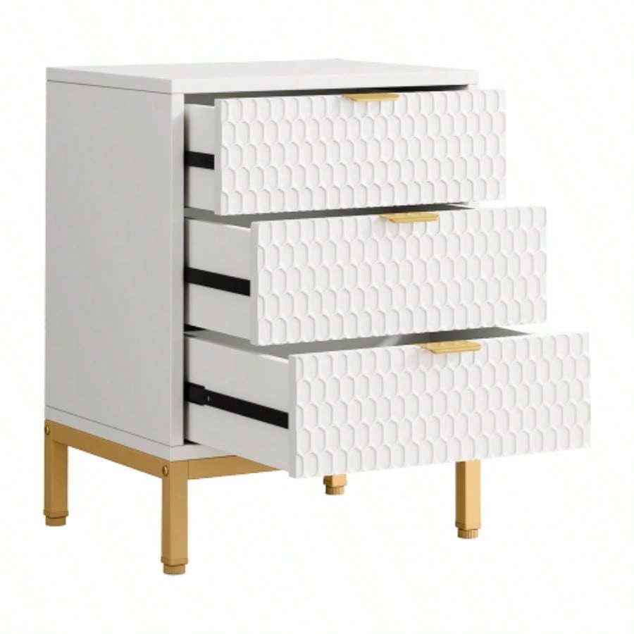 19. Inches Modern White and Gold 3 - Drawer Nightstand, 25.8 Tall Bedside Table with Storage, Hexagon Pattern Side Table Bedroom or Living Room, Elegant End Table with Metal Base