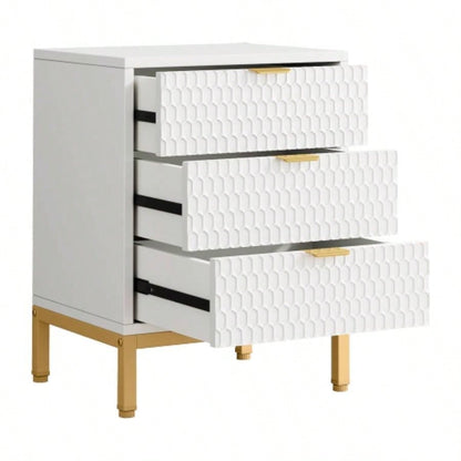 19. Inches Modern White and Gold 3 - Drawer Nightstand, 25.8 Tall Bedside Table with Storage, Hexagon Pattern Side Table Bedroom or Living Room, Elegant End Table with Metal Base
