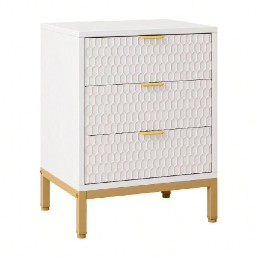 19. Inches Modern White and Gold 3 - Drawer Nightstand, 25.8 Tall Bedside Table with Storage, Hexagon Pattern Side Table Bedroom or Living Room, Elegant End Table with Metal Base