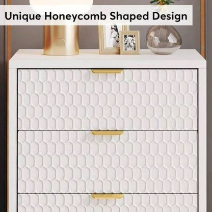 19. Inches Modern White and Gold 3 - Drawer Nightstand, 25.8 Tall Bedside Table with Storage, Hexagon Pattern Side Table Bedroom or Living Room, Elegant End Table with Metal Base