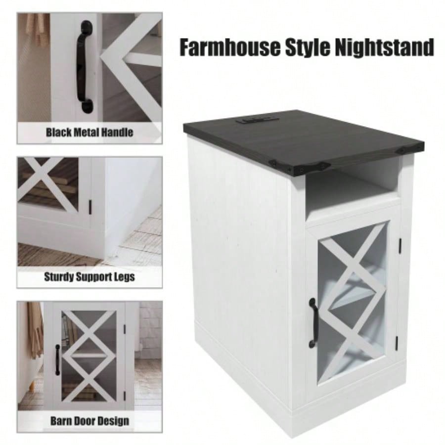 Farmhouse End Table with Charging Station, 15.4 Rustic Nightstand with Barn Door Adjustable Shelf, Wooden Sofa Side Table with 3 - Tier Storage Living Room, Bedroom, White