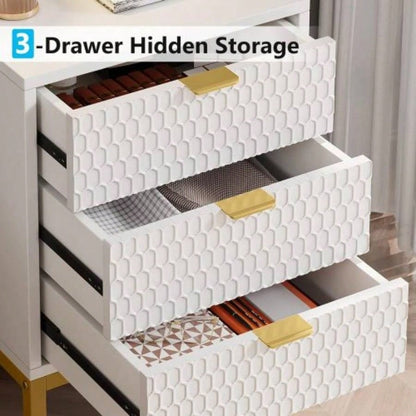 19. Inches Modern White and Gold 3 - Drawer Nightstand, 25.8 Tall Bedside Table with Storage, Hexagon Pattern Side Table Bedroom or Living Room, Elegant End Table with Metal Base