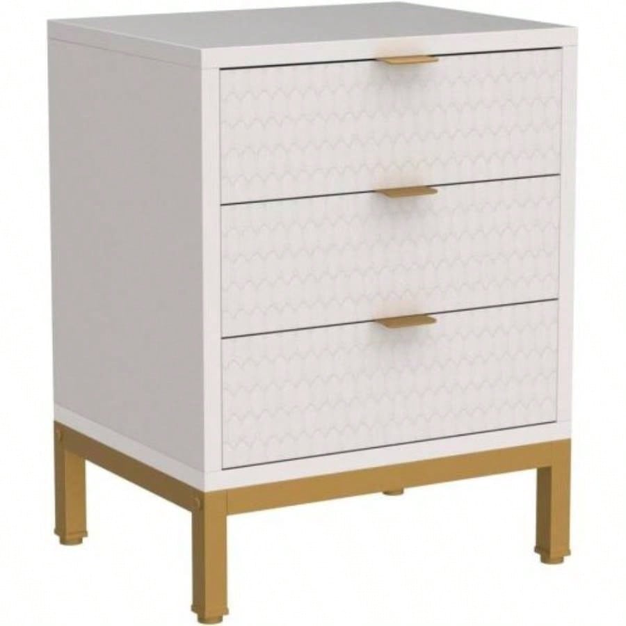 19. Inches Modern White and Gold 3 - Drawer Nightstand, 25.8 Tall Bedside Table with Storage, Hexagon Pattern Side Table Bedroom or Living Room, Elegant End Table with Metal Base