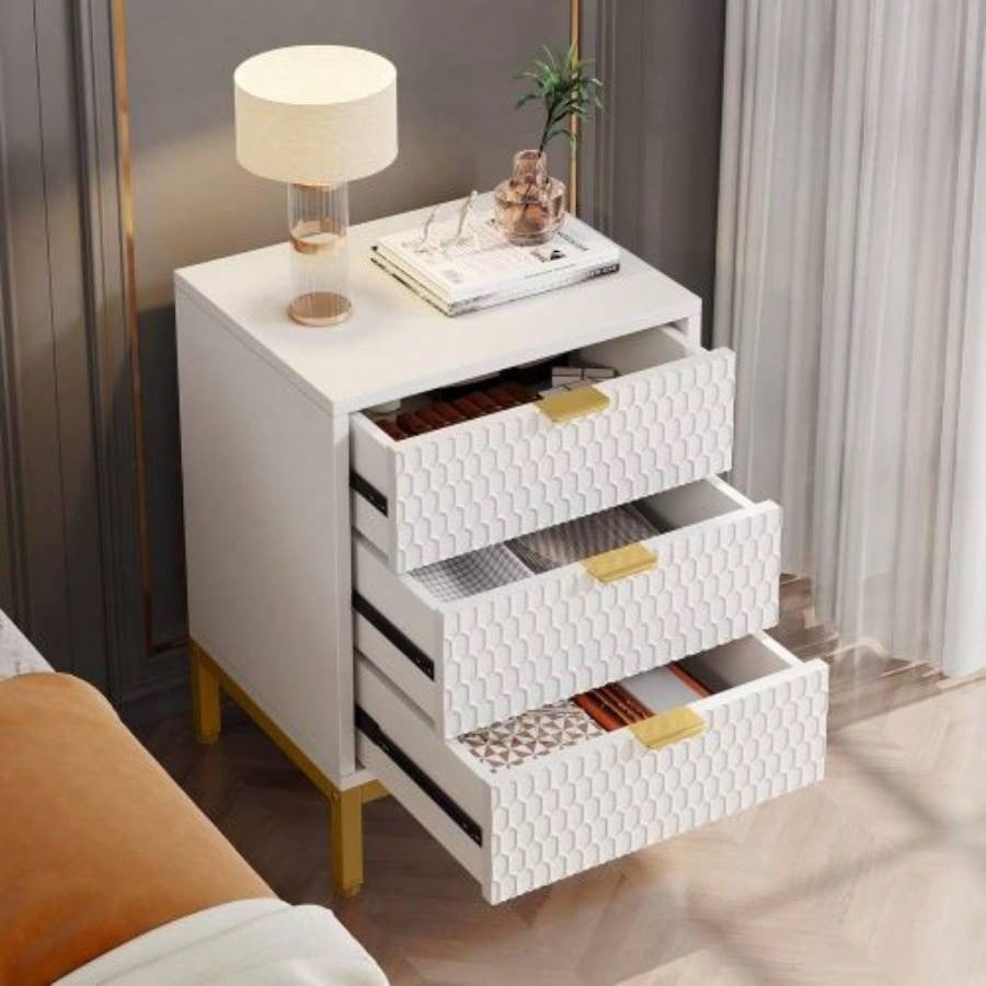 19. Inches Modern White and Gold 3 - Drawer Nightstand, 25.8 Tall Bedside Table with Storage, Hexagon Pattern Side Table Bedroom or Living Room, Elegant End Table with Metal Base
