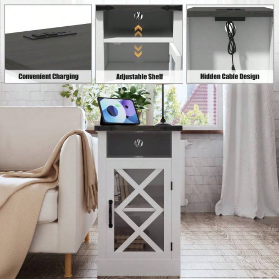 Farmhouse End Table with Charging Station, 15.4 Rustic Nightstand with Barn Door Adjustable Shelf, Wooden Sofa Side Table with 3 - Tier Storage Living Room, Bedroom, White