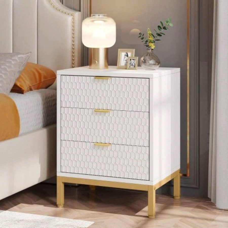19. Inches Modern White and Gold 3 - Drawer Nightstand, 25.8 Tall Bedside Table with Storage, Hexagon Pattern Side Table Bedroom or Living Room, Elegant End Table with Metal Base