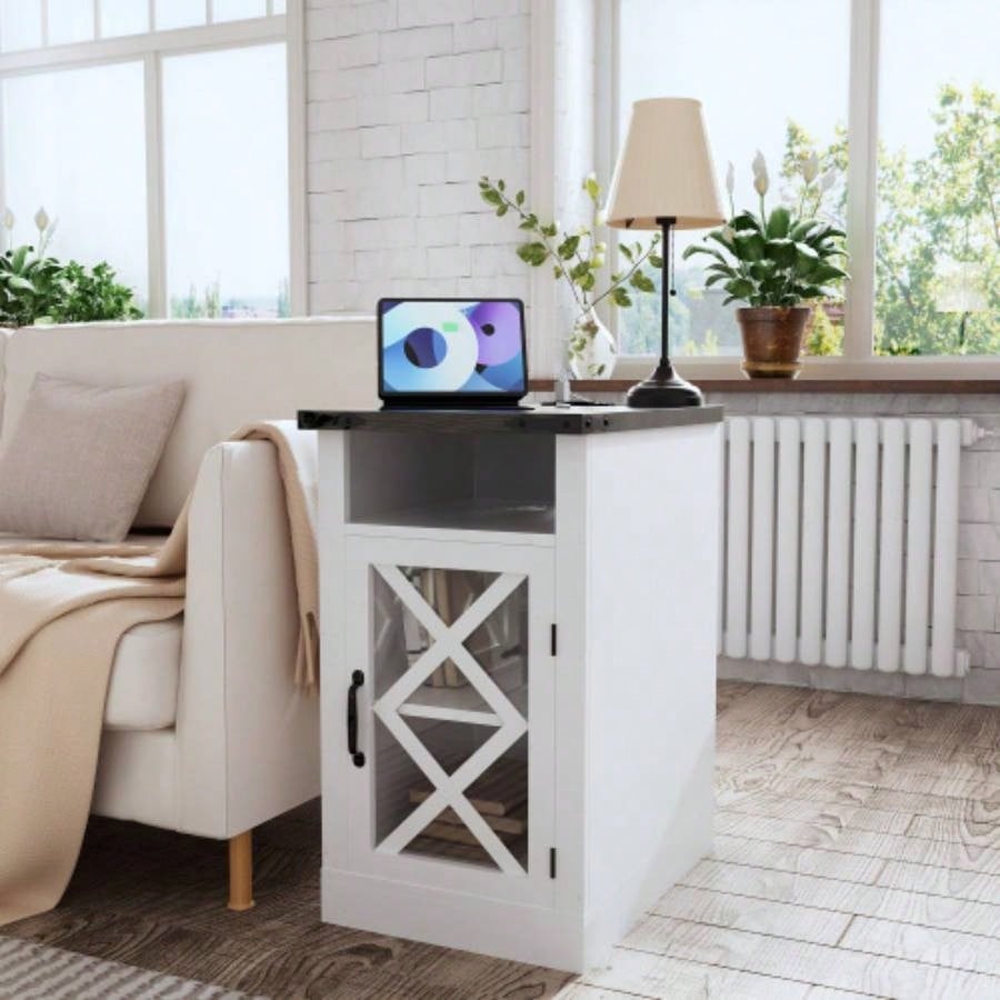 Farmhouse End Table with Charging Station, 15.4 Rustic Nightstand with Barn Door Adjustable Shelf, Wooden Sofa Side Table with 3 - Tier Storage Living Room, Bedroom, White