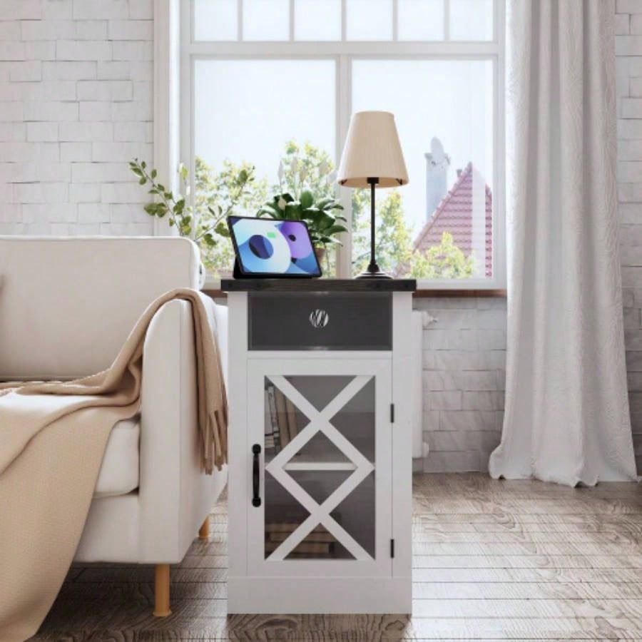 Farmhouse End Table with Charging Station, 15.4 Rustic Nightstand with Barn Door Adjustable Shelf, Wooden Sofa Side Table with 3 - Tier Storage Living Room, Bedroom, White