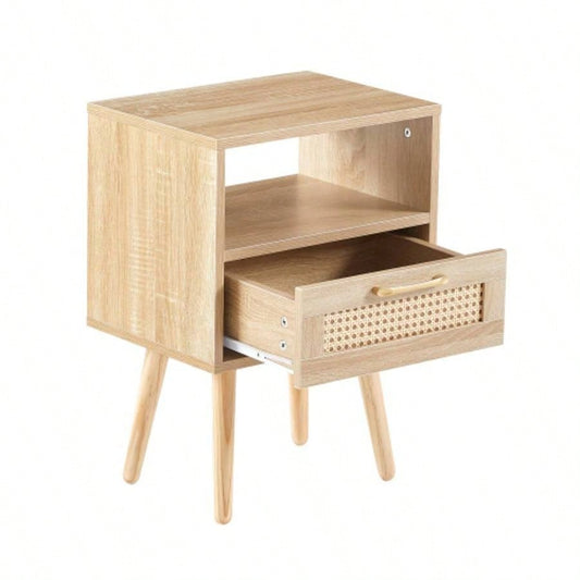 15.75 Rattan End table with drawer and solid wood, Modern nightstand, side table living room, bedroom, natural