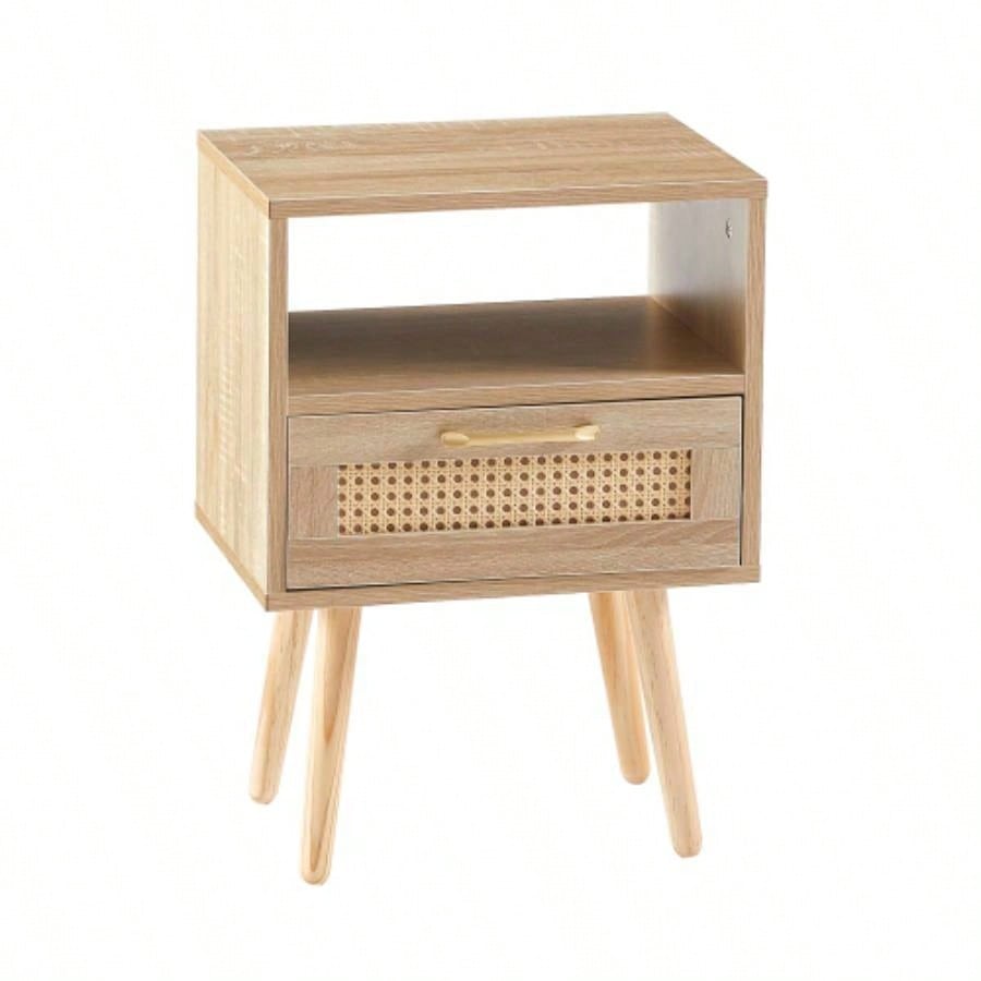 15.75 Rattan End table with drawer and solid wood, Modern nightstand, side table living room, bedroom, natural