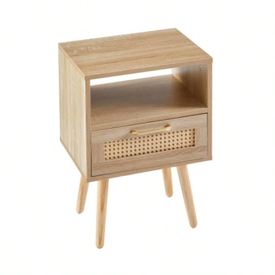 15.75 Rattan End table with drawer and solid wood, Modern nightstand, side table living room, bedroom, natural