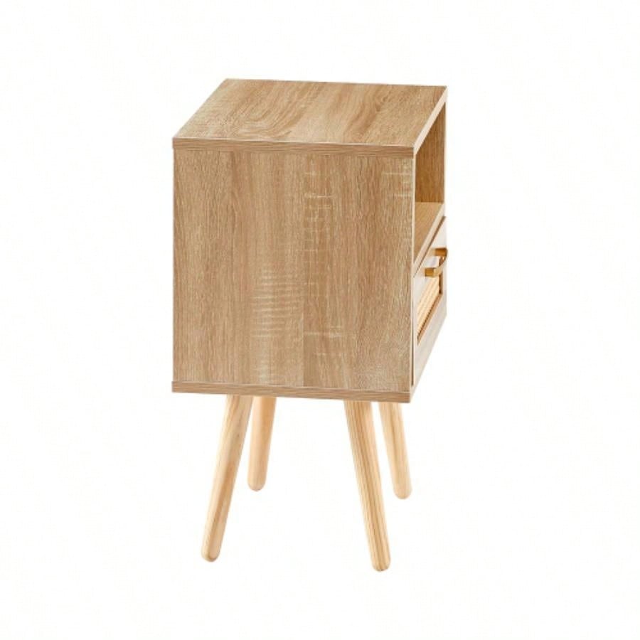 15.75 Rattan End table with drawer and solid wood, Modern nightstand, side table living room, bedroom, natural