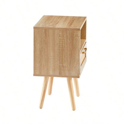 15.75 Rattan End table with drawer and solid wood, Modern nightstand, side table living room, bedroom, natural