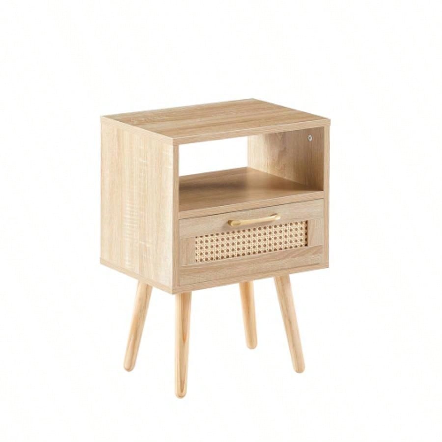 15.75 Rattan End table with drawer and solid wood, Modern nightstand, side table living room, bedroom, natural