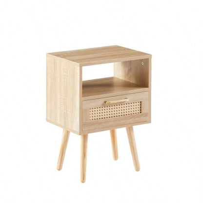15.75 Rattan End table with drawer and solid wood, Modern nightstand, side table living room, bedroom, natural