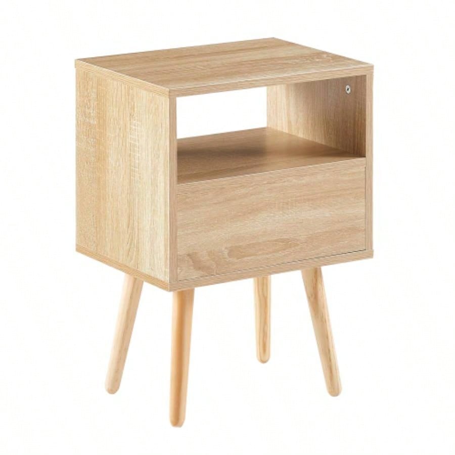 15.75 Rattan End table with drawer and solid wood, Modern nightstand, side table living room, bedroom, natural