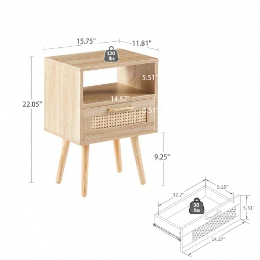 15.75 Rattan End table with drawer and solid wood, Modern nightstand, side table living room, bedroom, natural