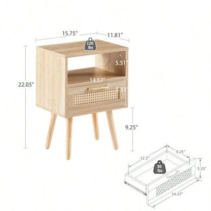 15.75 Rattan End table with drawer and solid wood, Modern nightstand, side table living room, bedroom, natural