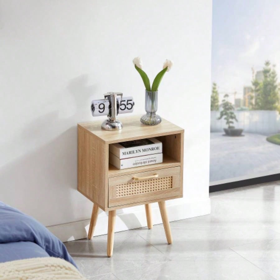 15.75 Rattan End table with drawer and solid wood, Modern nightstand, side table living room, bedroom, natural