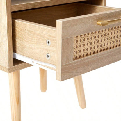 15.75 Rattan End table with drawer and solid wood, Modern nightstand, side table living room, bedroom, natural