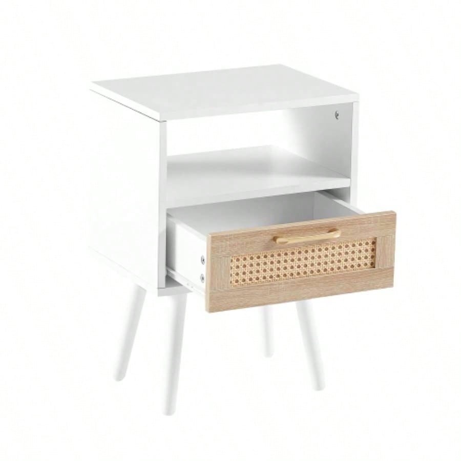 15.75 Rattan End table with drawer and solid wood, Modern nightstand, side table living room, bedroom, natural