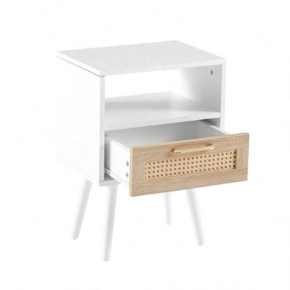 15.75 Rattan End table with drawer and solid wood, Modern nightstand, side table living room, bedroom, natural