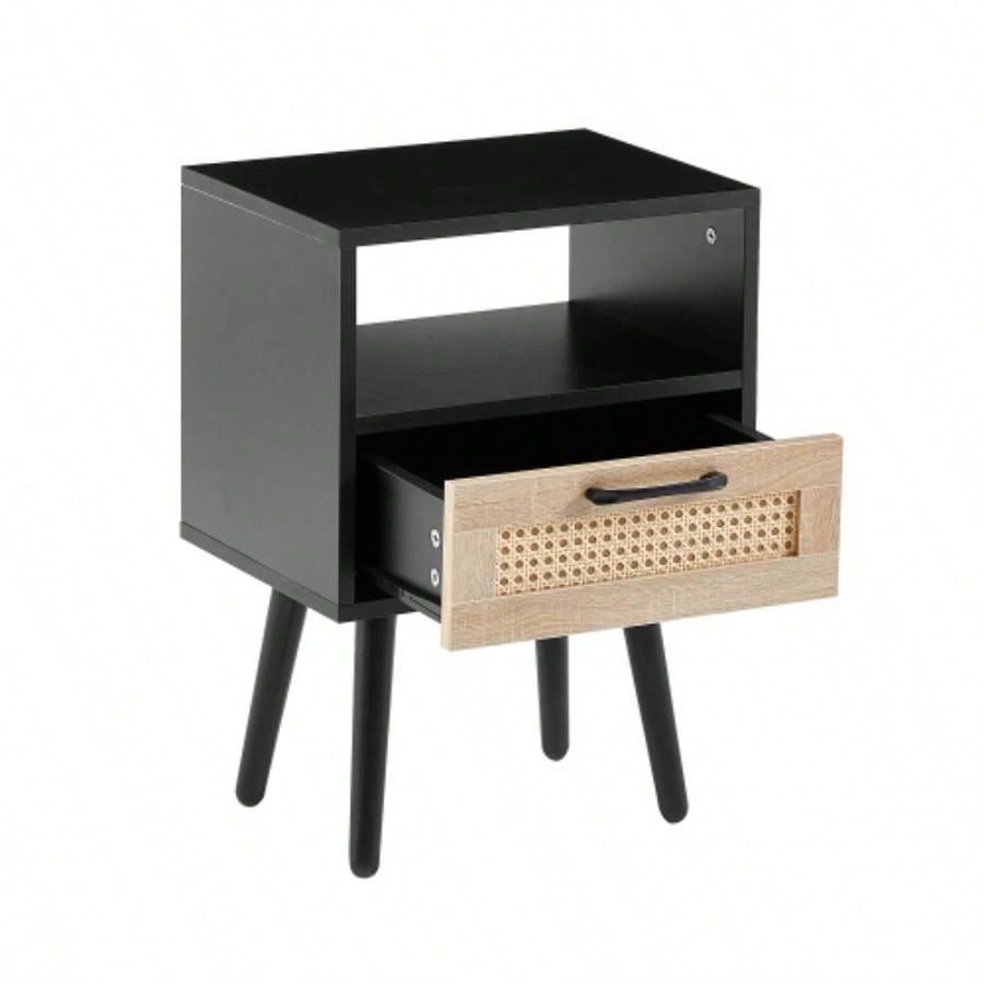 15.75 Rattan End table with drawer and solid wood, Modern nightstand, side table living room, bedroom, natural