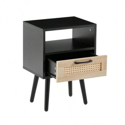 15.75 Rattan End table with drawer and solid wood, Modern nightstand, side table living room, bedroom, natural