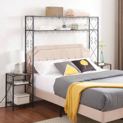 Bed Frame with 2 Nightstands Headboards with Storage Cabinet, Headboard with Shelves, Bookcase Headboard Easy Assembly Bedroom Iron and Wood Rustic Brown