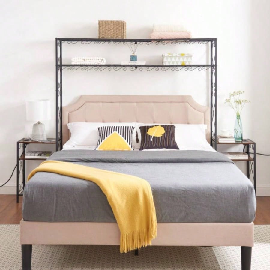 Bed Frame with 2 Nightstands Headboards with Storage Cabinet, Headboard with Shelves, Bookcase Headboard Easy Assembly Bedroom Iron and Wood Rustic Brown