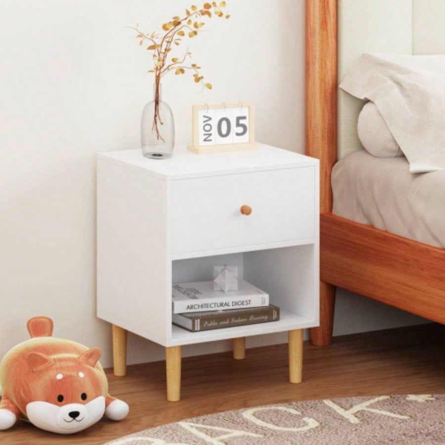 23.22H Wooden Nightstand with One Drawer One Shelf Kids, Adults, White
