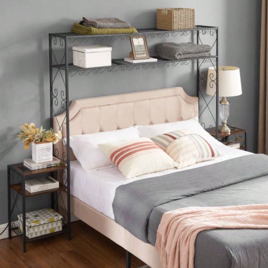 Bed Frame with 2 Nightstands Headboards with Storage Cabinet, Headboard with Shelves, Bookcase Headboard Easy Assembly Bedroom Iron and Wood Rustic Brown