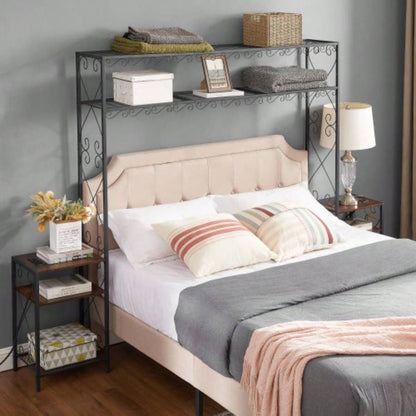Bed Frame with 2 Nightstands Headboards with Storage Cabinet, Headboard with Shelves, Bookcase Headboard Easy Assembly Bedroom Iron and Wood Rustic Brown