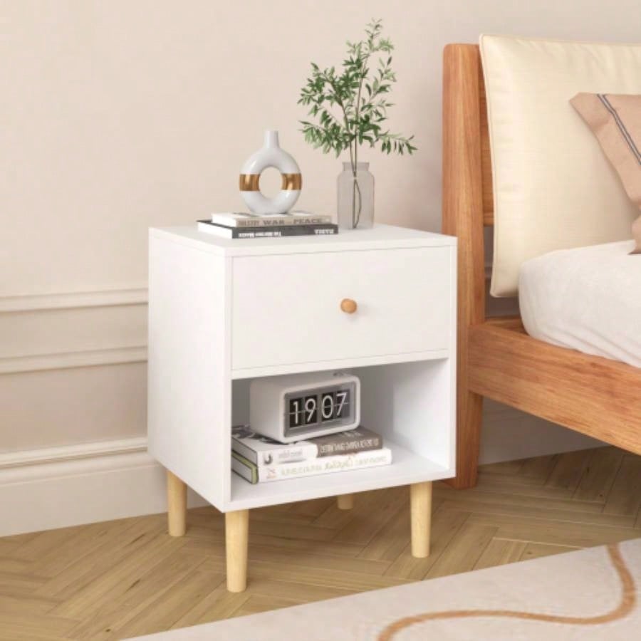 23.22H Wooden Nightstand with One Drawer One Shelf Kids, Adults, White