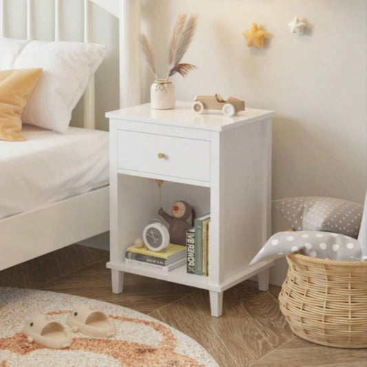 26.77H Wooden Nightstand with One Drawer One Shelf Kids, Adults, White+Golden handle