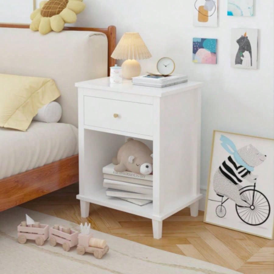 26.77H Wooden Nightstand with One Drawer One Shelf Kids, Adults, White+Golden handle