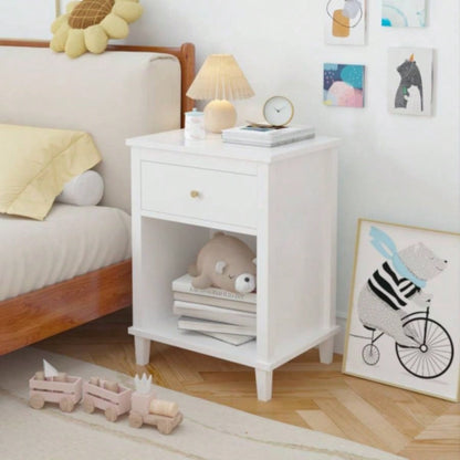 26.77H Wooden Nightstand with One Drawer One Shelf Kids, Adults, White+Golden handle