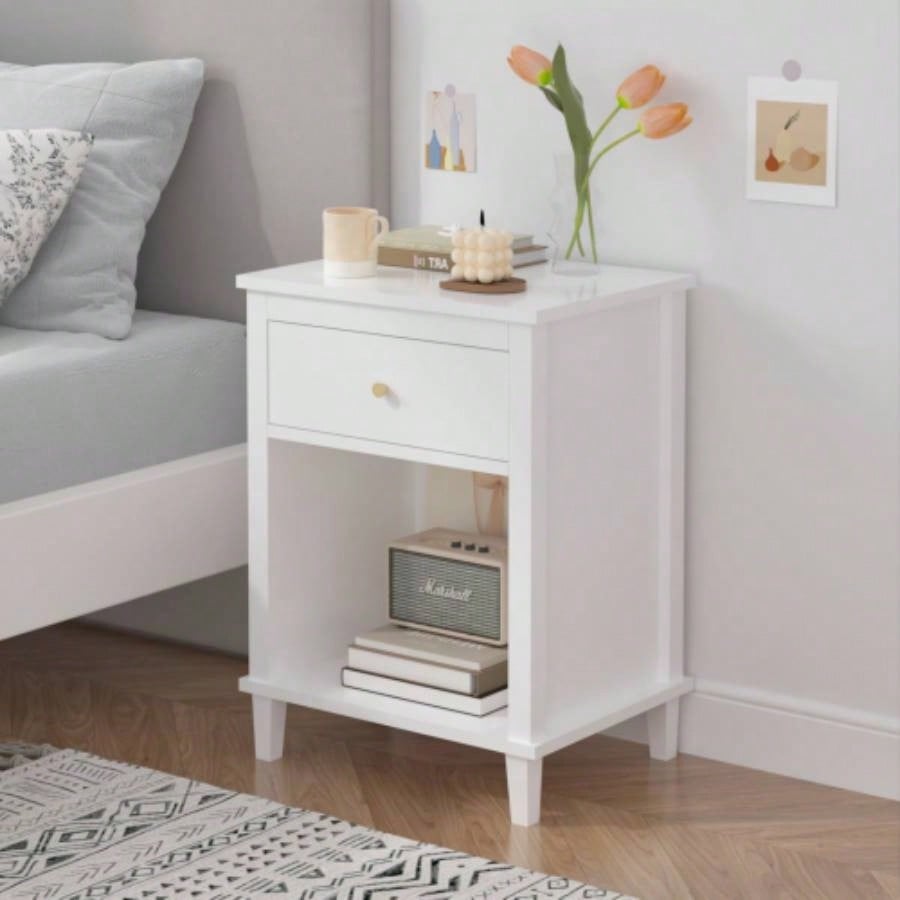 26.77H Wooden Nightstand with One Drawer One Shelf Kids, Adults, White+Golden handle
