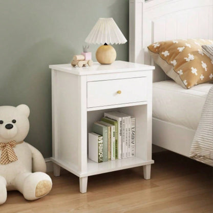 26.77H Wooden Nightstand with One Drawer One Shelf Kids, Adults, White+Golden handle